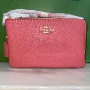 Coach Pink double zip pebbled Leather Wristlet